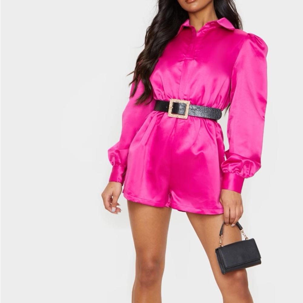 Fuchsia Bonded Satin Shirt Romper